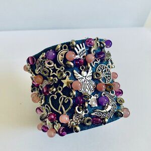 New Garell Handmade in USA Denim Bracelet with Charms & Beads– Boho Chic Jewelry